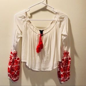 F21 Peasant crop top with Red embroidery